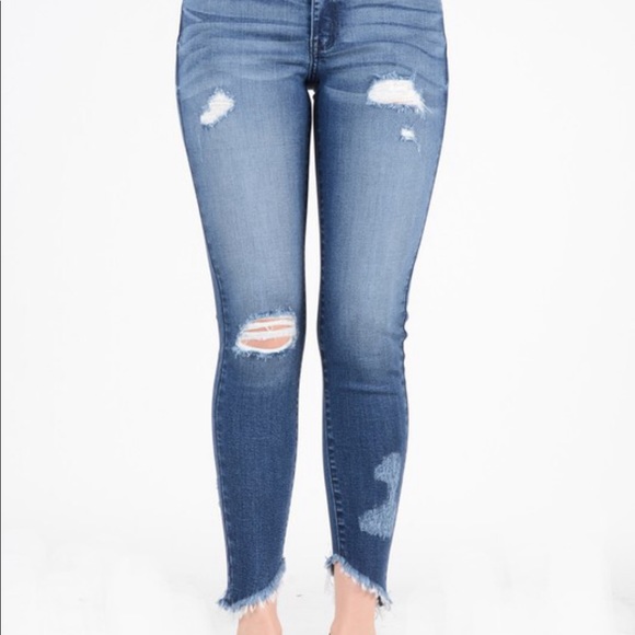 KANCAN NEW‼️FADED DENIM DISTRESSED angular fringe - Jeans - Picture 2 of 5